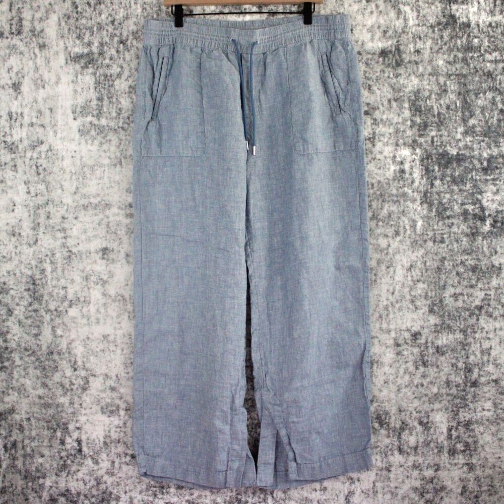 Athleta Retreat Women's Size 16 Blue 100% Linen High Rise Wide Leg Pants Pockets